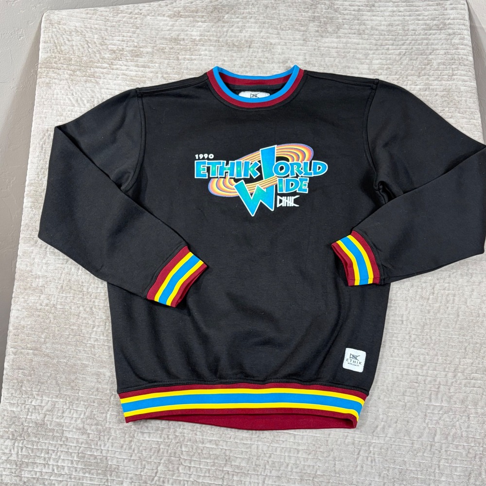 Ethik Worldwide Mens XL Sweatshirt Black Retro Graphic Striped Ribbed Fleece